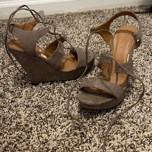 Wedge strap heal in a taupe color